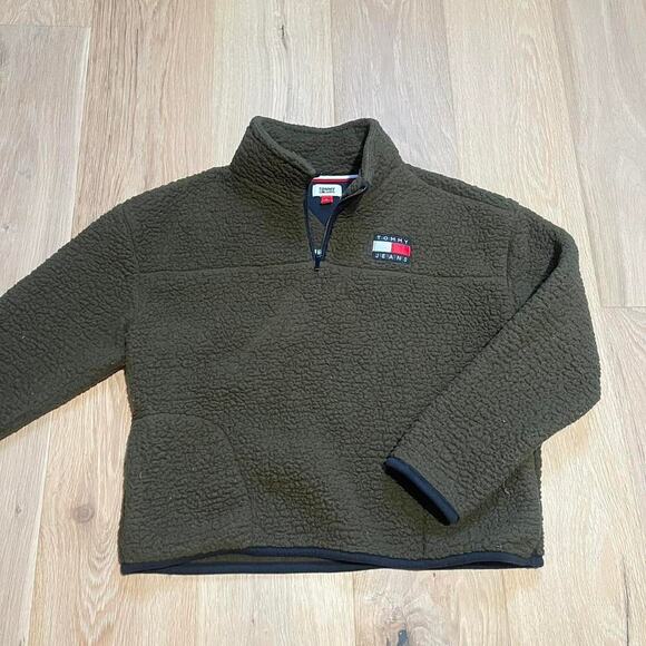 Tommy Hilfiger Sweaters - Y2K Tommy Jeans Hilfiger green fleece Sherpa quarter zip. Preppy heritage